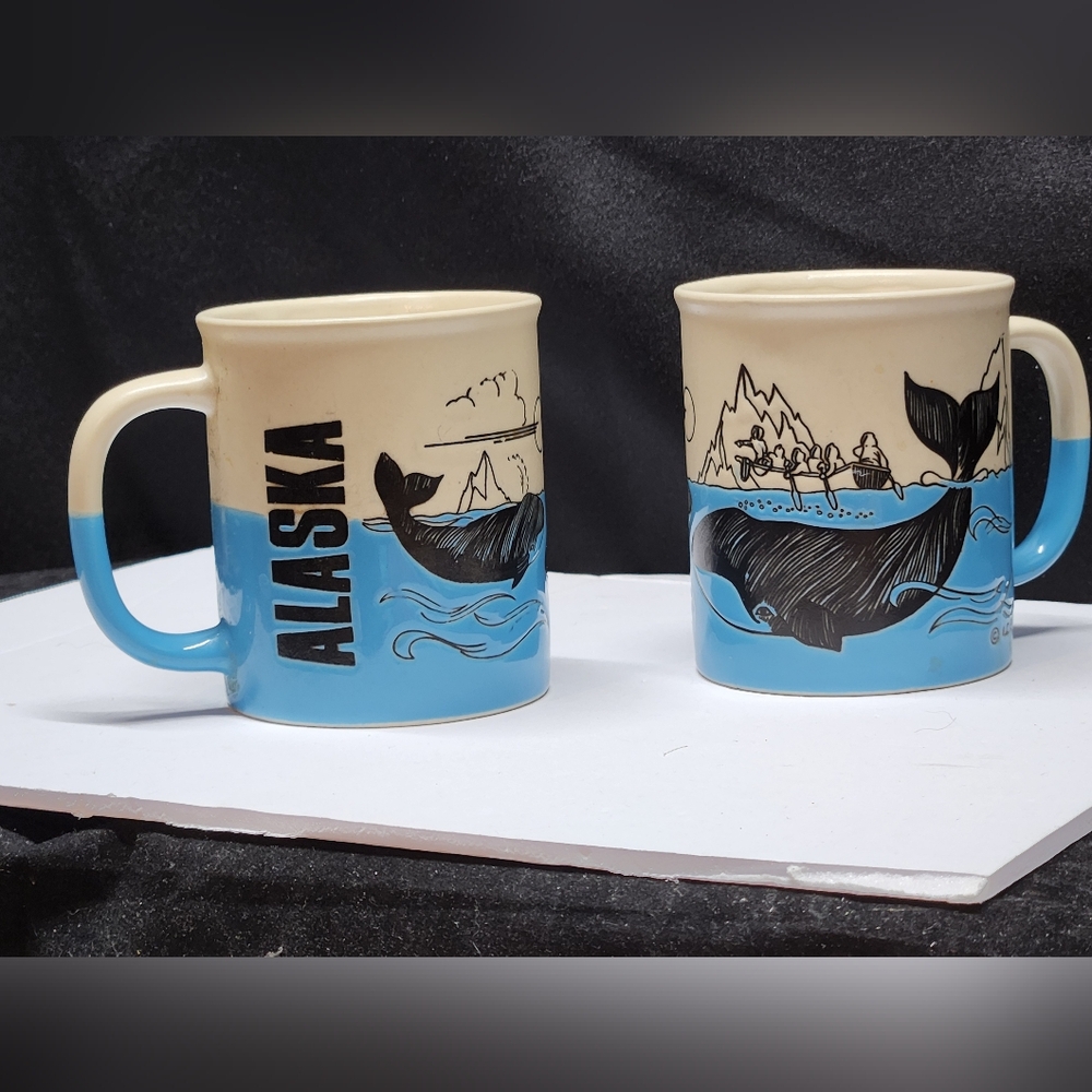 Vtg 1983 Alaska Whale Coffee Mugs Set of 2 ACE 83 Embossed Stoneware Souvenir